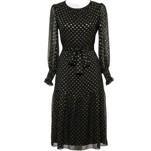 The Fold London Gold Polka Dot Silk Chiffon Belted Black Dress Size 4